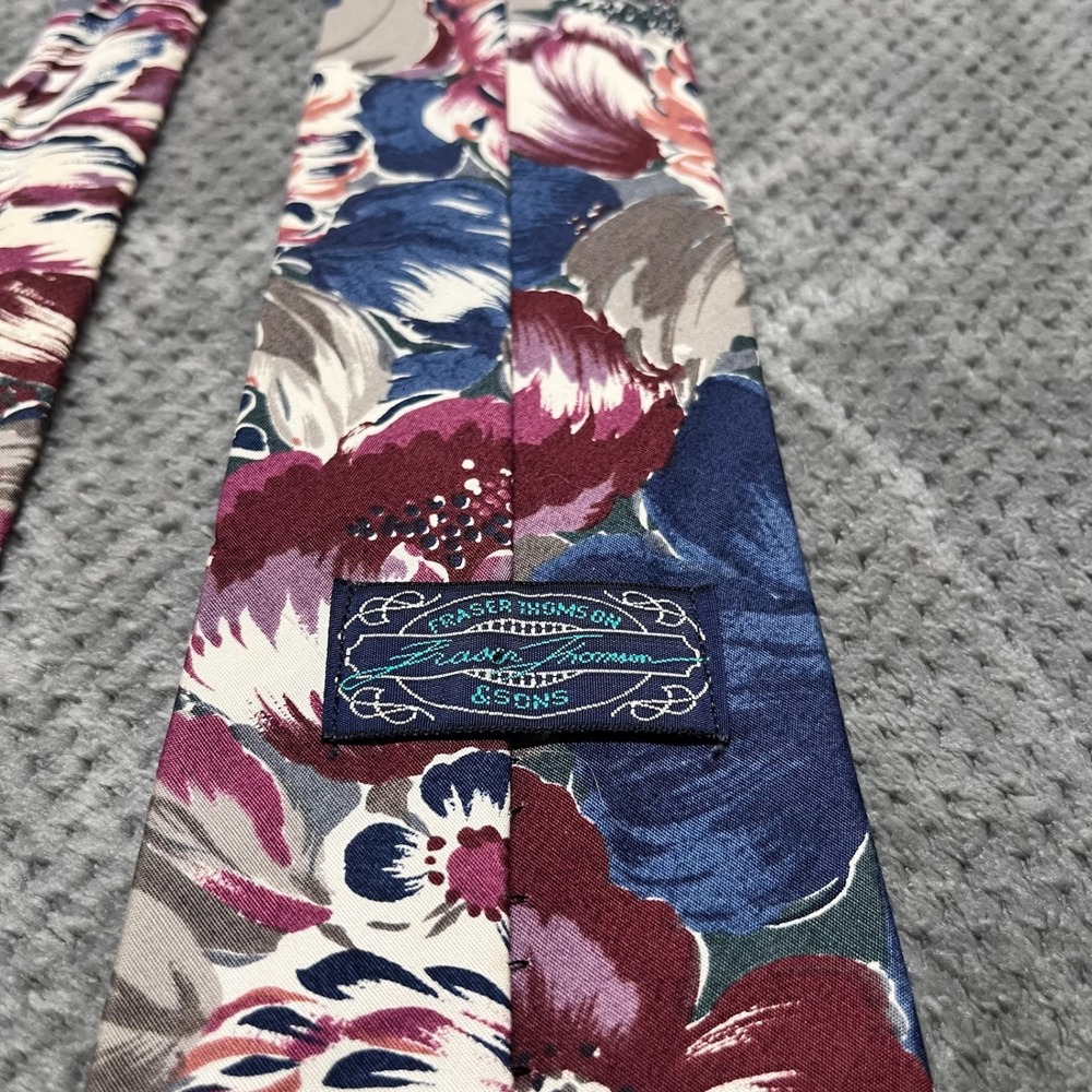 Fraser Thomson & Sons Mens Floral Tie Burgundy Navy Blue Grey Wide 3.75in - Picture 4 of 6